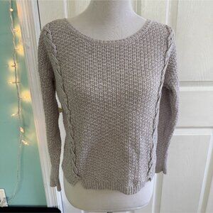 American Eagle Beige Cable Knit Slightly Cropped Fall Sweater with Braid Details